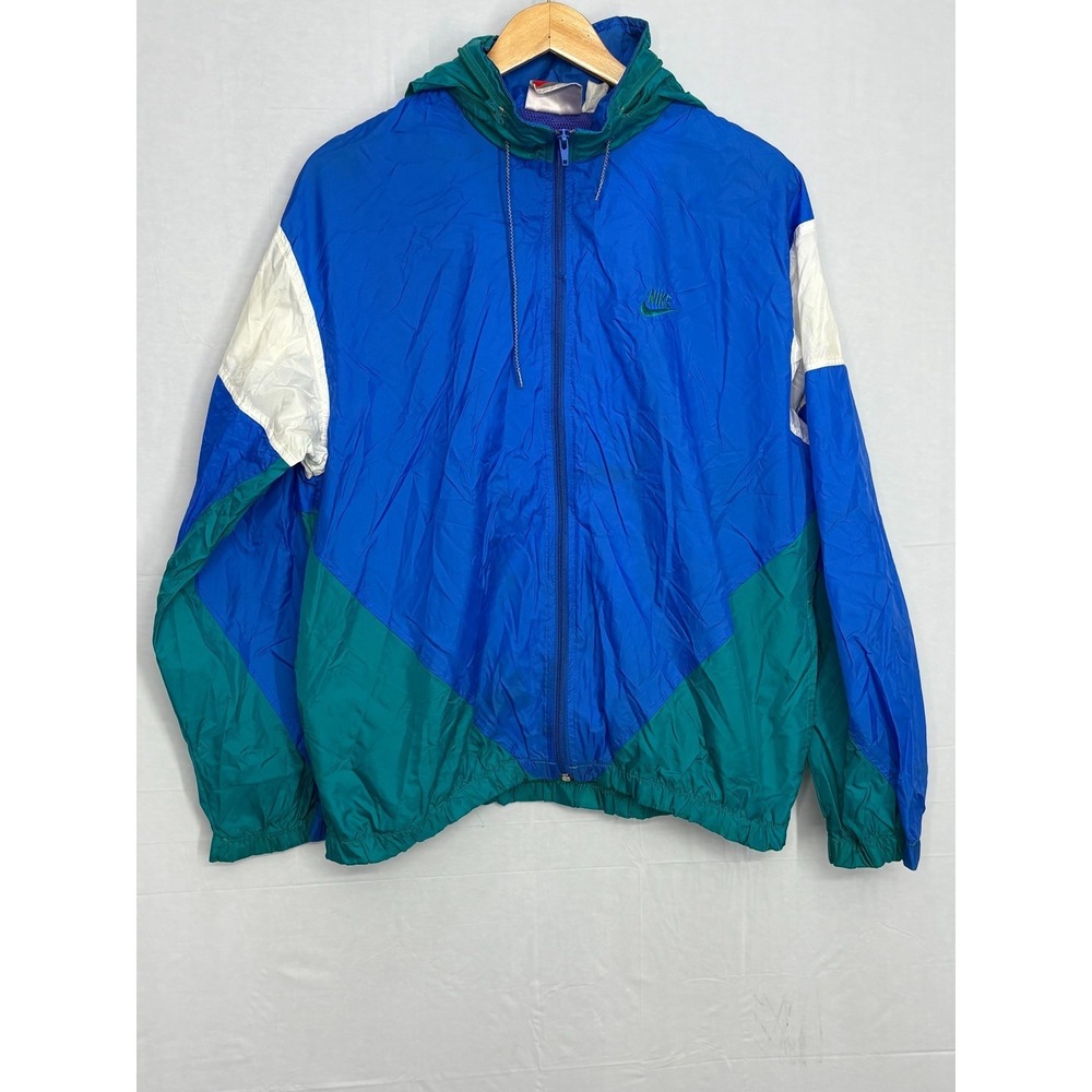 Nike Windbreaker Jacket Mens Blue Green White Colorblock Hooded Small Vintage 90